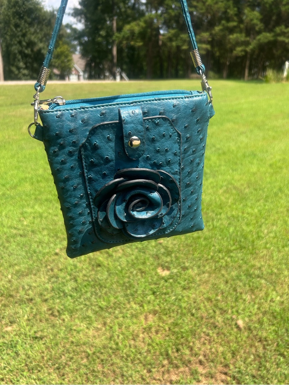 Teal Faux Ostrich Crossbody Bag Floral Rosette Small Shoulder Purse